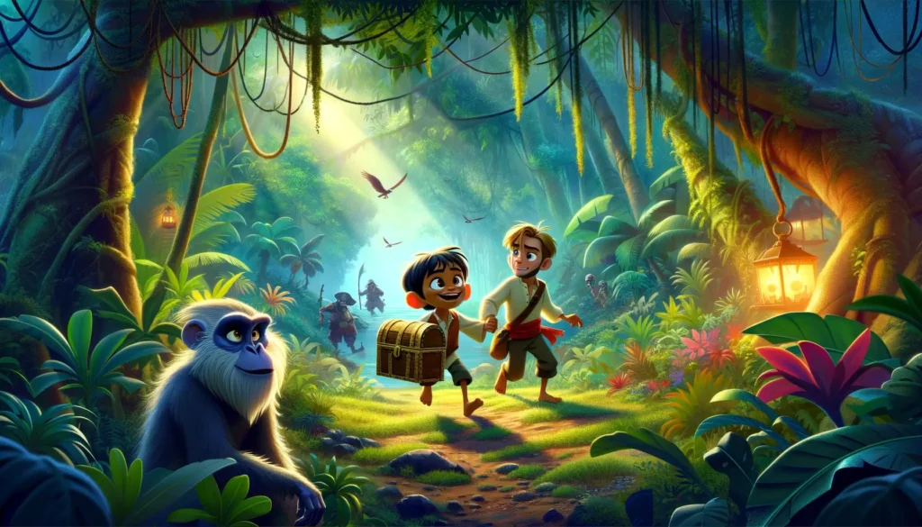 Vilda a Marek unikají s truhlou pokladů hluboko v džungli pod vedením moudré opice Kiki, v pozadí pátrají piráti.