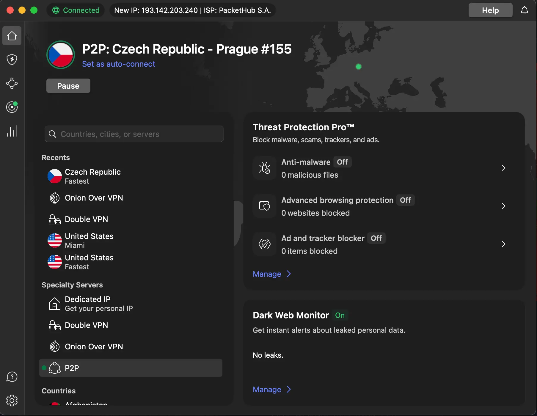 Zapnutá Surfshark VPN na MacBooku – připojení přes český P2P server v Praze, aktivní ochrana Dark Web Monitor, ostatní blokace vypnuté.