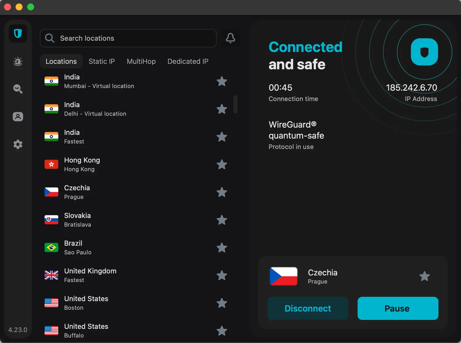Surfshark VPN připojená na server v Praze: aktivní WireGuard, bezpečné spojení, výběr z dalších zemí jako Indie, Brazílie nebo USA.