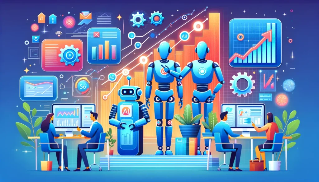 obrázek zobrazuje moderní kancelářské prostředí, kde AI-poháněné roboty pomáhají zaměstnancům, digitální obrazovky zobrazují analytiku dat a grafy směřující vzhůru symbolizují růst a efektivitu, kterou umělá inteligence přináší. Použité jasné barvy vytvářejí dynamickou a poutavou scénu, která vizuálně reprezentuje benefity integrace AI do pracovních procesů a podnikání.