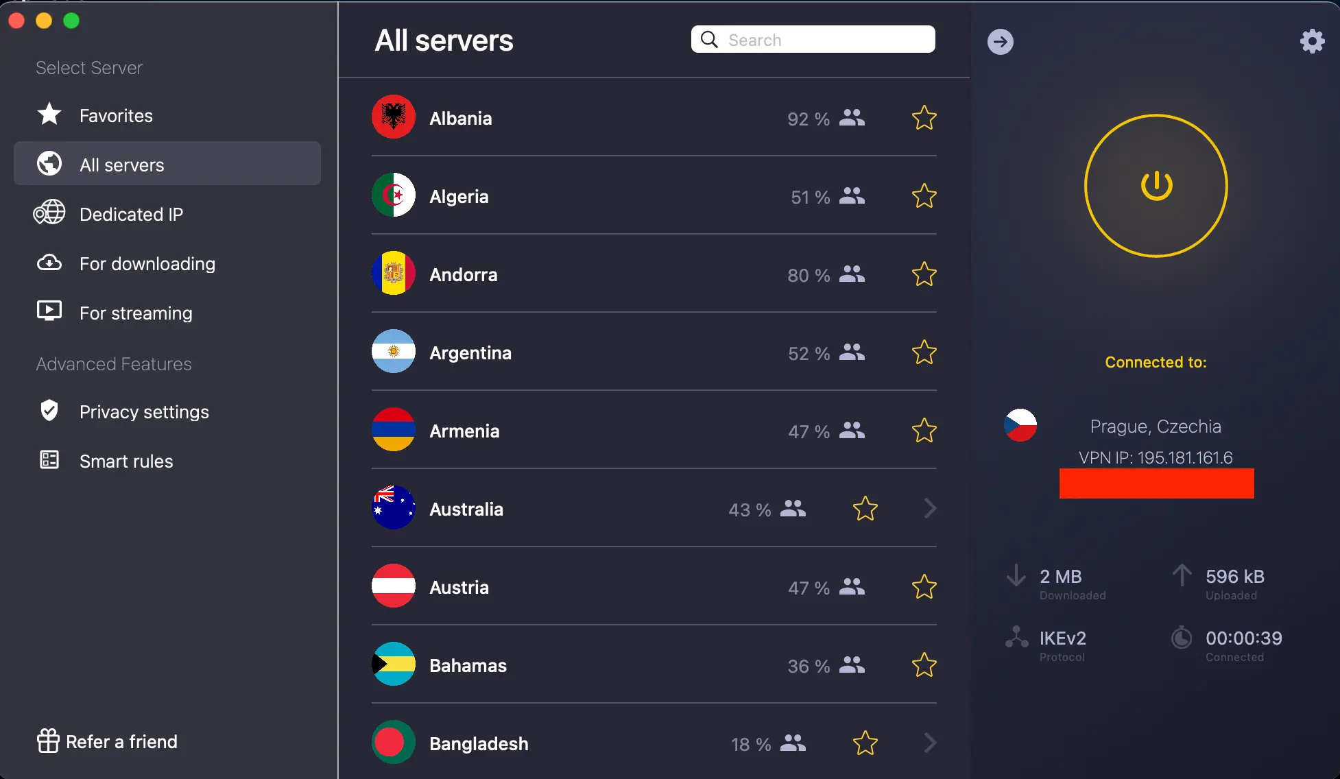 CyberGhost VPN připojená na český server v Praze:

    přehled všech dostupných zemí, ideální pro sledování obsahu ze zahraničí.