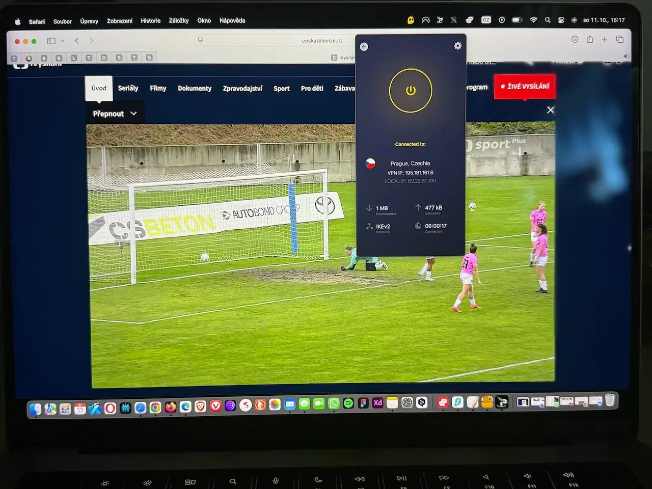 Přímý přenos na iVysílání s aktivní CyberGhost VPN připojenou přes český server. Sleduju ČT Sport ze zahraničí.