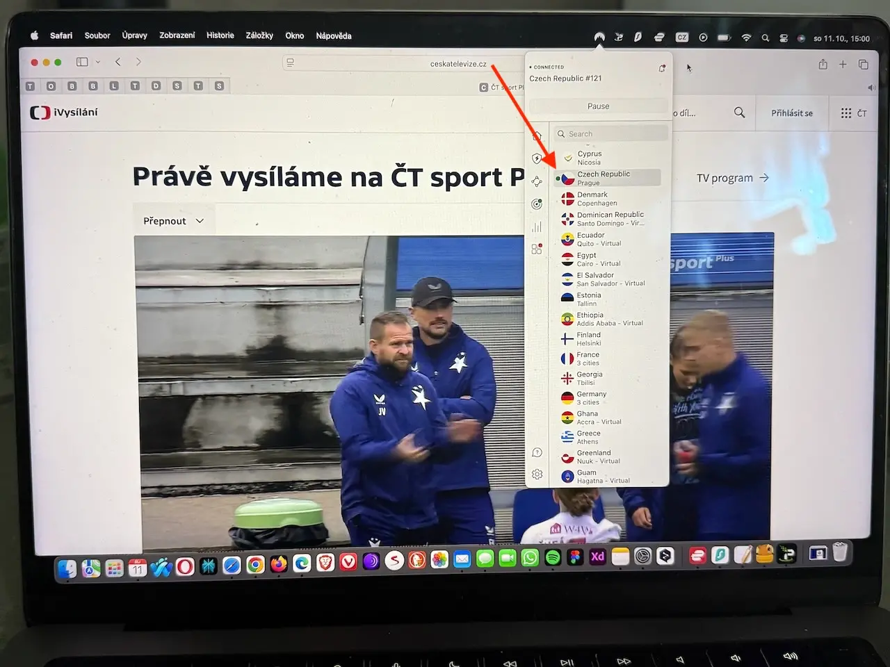 Zapnutá NordVPN připojená na český server, používám ji pro sledování iVysílání České televize z ciziny.