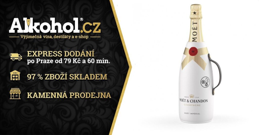 Moet-Chandon-Imperial-BRUT-Ice-Jacket-075l-12 | Venclíkovi.cz Reklama na e-shop Alkohol.cz, nabízející express dodání po Praze od 79 Kč a 60 minut, 97 % zboží skladem a kamennou prodejnu, s obrázkem láhve šampaňského Moët & Chandon Impérial BRUT v izolačním obalu.