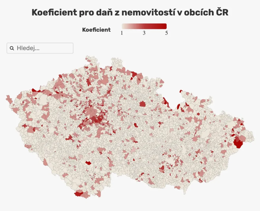 Dan z nemovitosti ČR | Venclíkovi.cz Mapa České republiky zobrazující koeficient pro daň z nemovitostí v jednotlivých obcích. Barvy odlišují hodnoty koeficientu, kde světlejší odstíny představují nižší hodnoty (koeficient 1) a tmavší odstíny vyšší hodnoty (koeficient až 5). Nejvyšší koeficienty jsou koncentrovány v městských oblastech, zejména v okolí Prahy, Brna a dalších velkých měst.