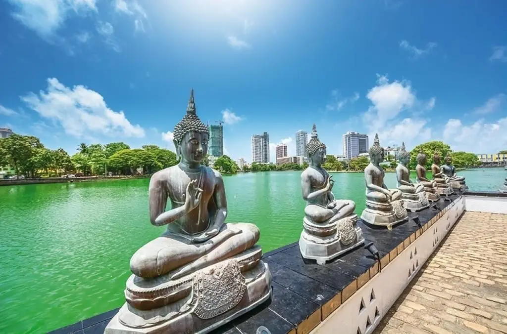 Sri Labnka budhove | Venclíkovi.cz Sochy Buddhy v chrámu na Srí Lance s městským panoramatem v pozadí