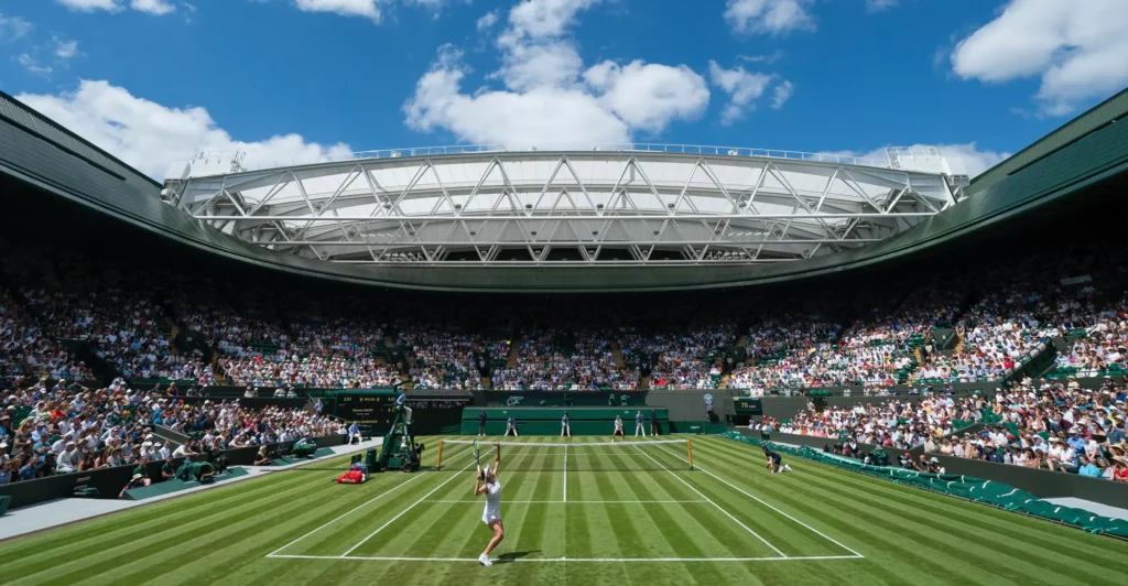 Wimbledon kurt č. 1 | Venclíkovi.cz Tenisový zápas probíhající na travnatém kurtu číslo 1 ve Wimbledonu, s diváky sledujícími z tribun pod otevřenou zatahovací střechou.