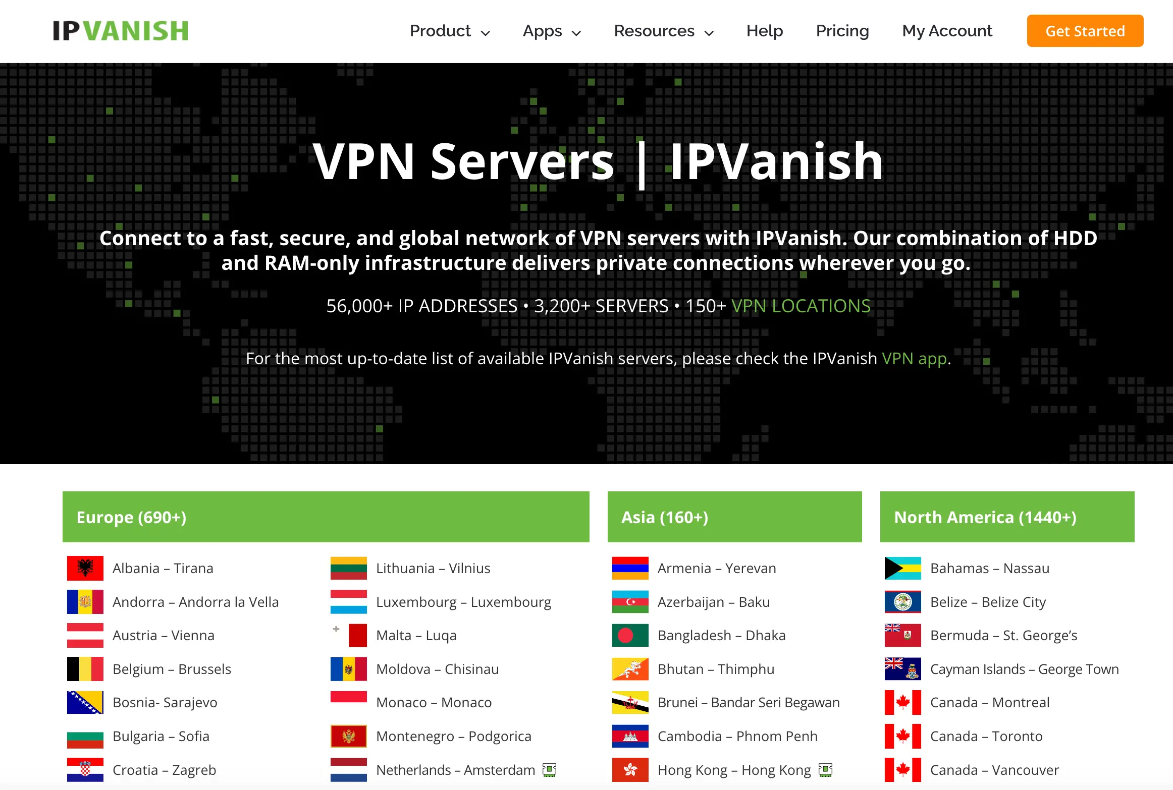 Seznam VPN serverů dostupných v různých zemích světa od IPVanish, ilustrující globální pokrytí s více než 3 200+ servery a 91+ VPN lokalitami.