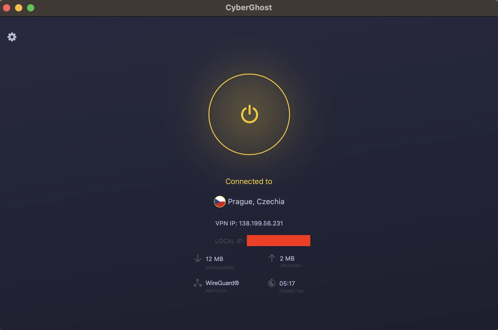 CyberGhost připojený přes server v Praze na Macu, ukázka reálného testu připojení