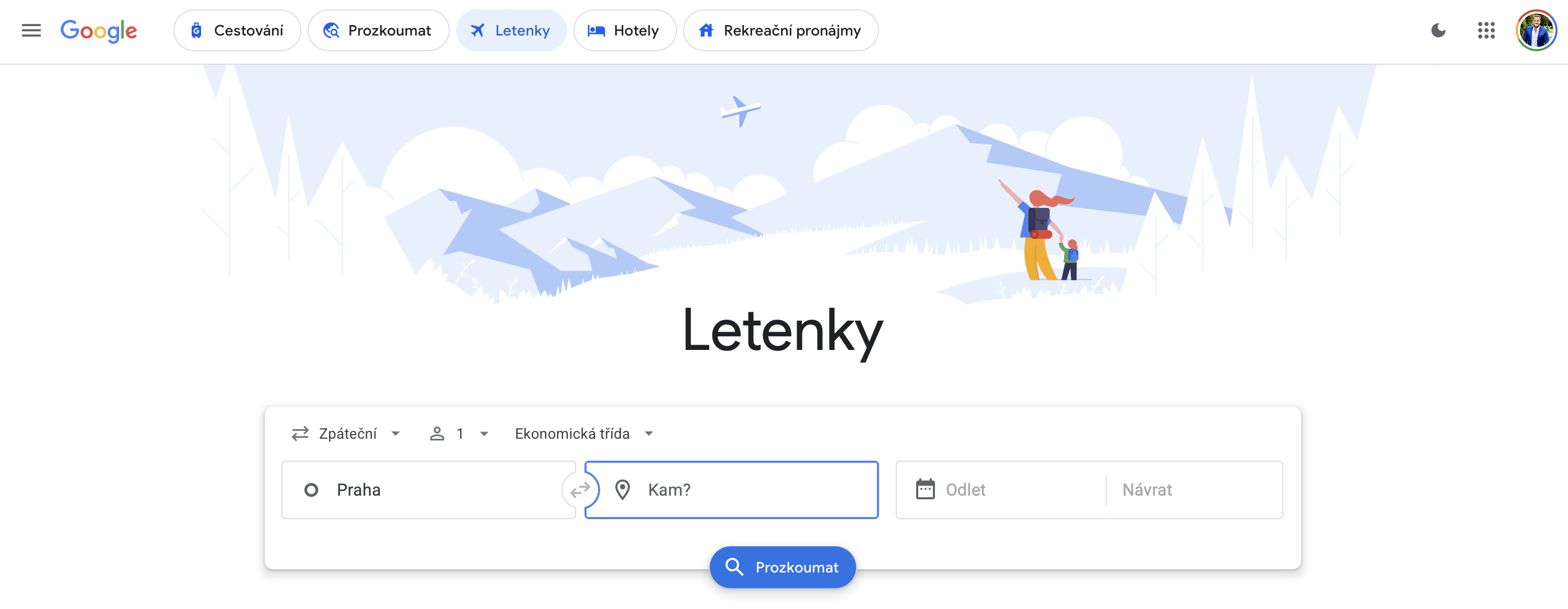 Googe Flights | Venclíkovi.cz Vyhledávací stránka Google Letenky s formulářem pro zadání města odletu, cílové destinace, data a počtu cestujících. Na pozadí kreslený obrázek ženy s dítětem v horách a letící letadlo.