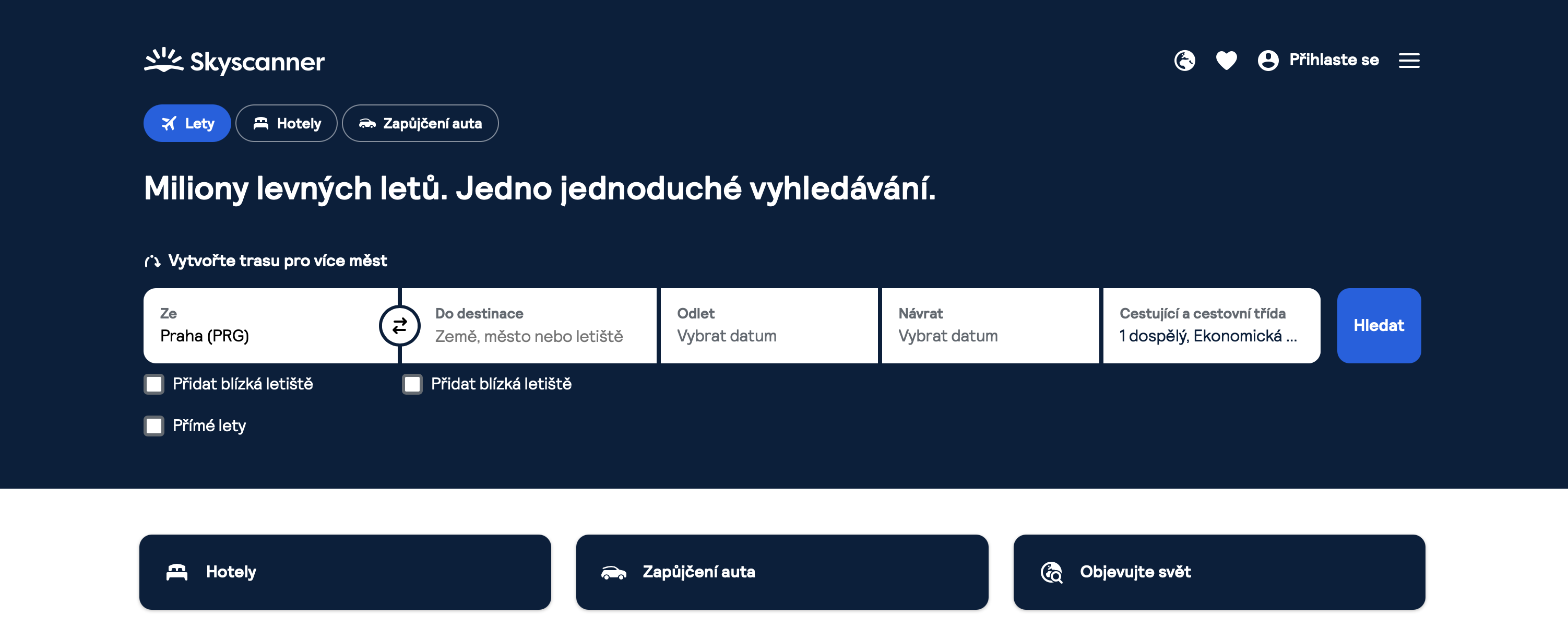 Skyscanner | Venclíkovi.cz Domovská stránka Skyscanner s tmavě modrým pozadím a vyhledávacím formulářem pro lety z Prahy do zvolené destinace včetně data a počtu cestujících.