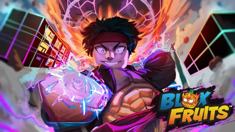 Ilustrace hlavní postavy z Roblox hry Blox Fruits s elektrizující silou v ruce a démonickým výrazem, obklopená neonovými barvami a výbuchem energie, logo „Blox Fruits“ v pravém dolním rohu.
