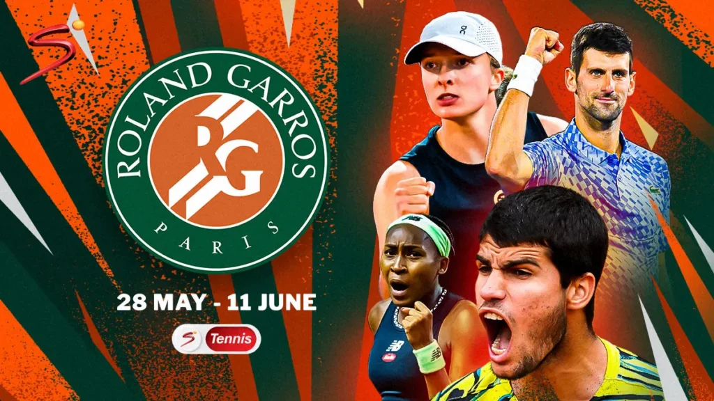 Propagační plakát k French Open 2025 s logem Roland Garros a datem konání 28. května – 11. června. Na obrázku jsou vyobrazeni tenisoví hráči a hráčky: Iga Swiatek, Novak Djokovič, Coco Gauff a Carlos Alcaraz. Pozadí v barvách antuky s logem SuperSport Tennis.