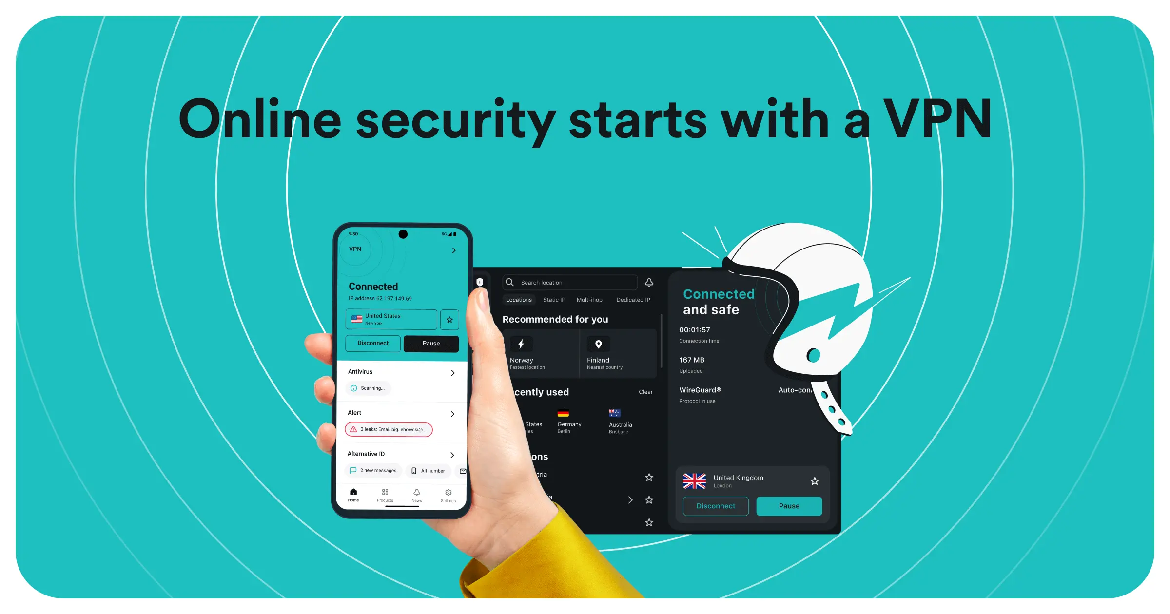 Ruka držící mobil s aktivovanou Surfshark VPN, doplněná o zobrazení desktopové aplikace a maskota s helmou na pozadí s textem 'Online security starts with a VPN'.