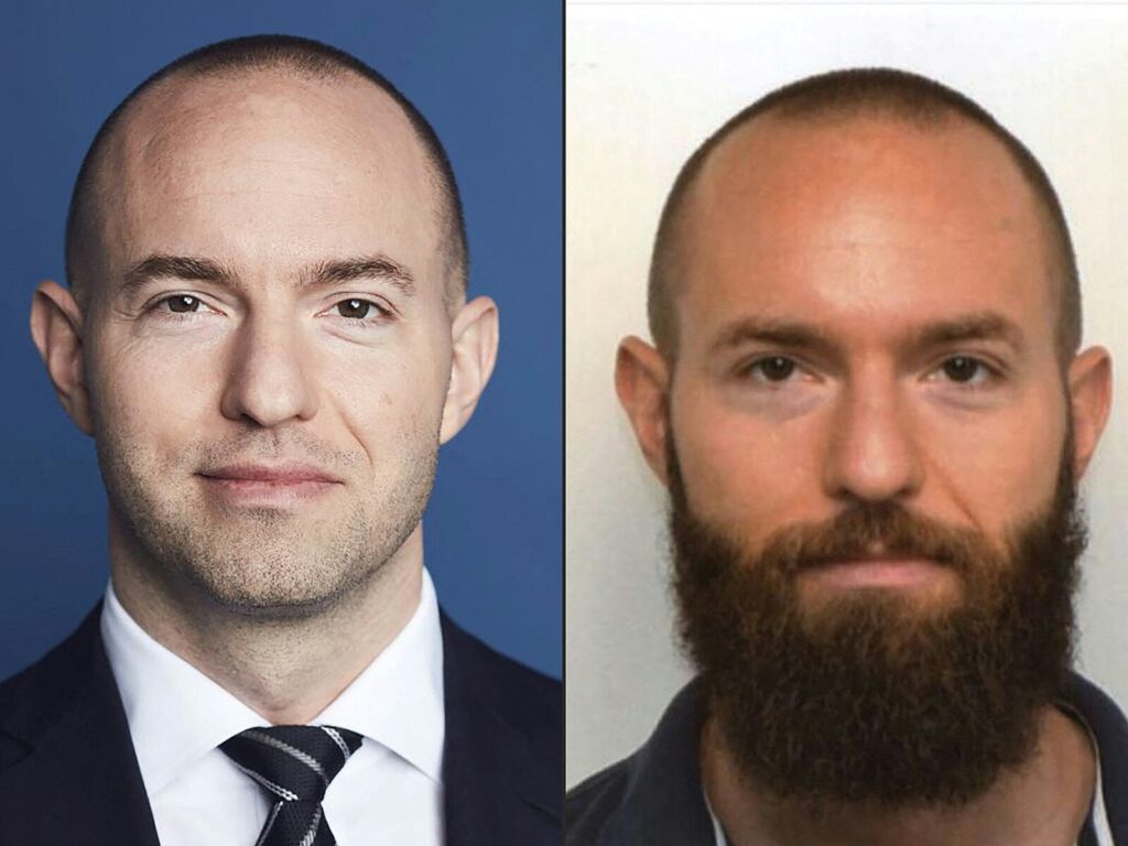 Portréty Jana Marsalka, bývalého COO Wirecardu, v odlišném vzhledu – nalevo v obleku a s hladce oholenou tváří, napravo s plnovousem a civilním výrazem; ukázka jeho schopnosti měnit identitu v souvislosti s podvodem Wirecard a špionážními aktivitami.