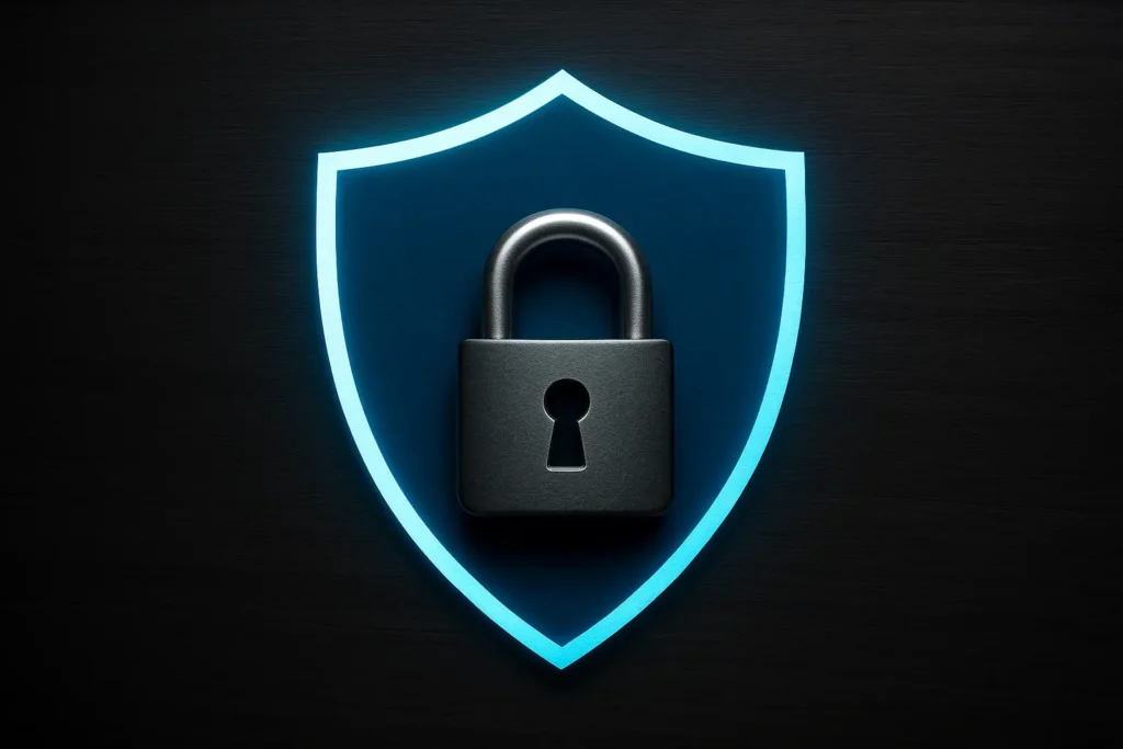 Realistický obrázek štítu a visacího zámku symbolizuje bezpečnost a anonymitu při používání VPN bez záznamů – přesně to, co čtenář hledá pro ochranu svého soukromí na internetu v roce 2025.