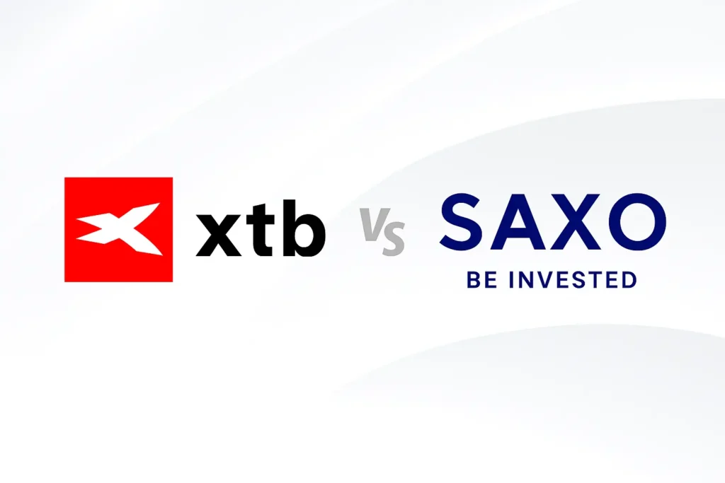 Porovnání log XTB a Saxo Bank vedle sebe na moderním 16:9 banneru s čistým a elegantním pozadím pro investiční srovnání.