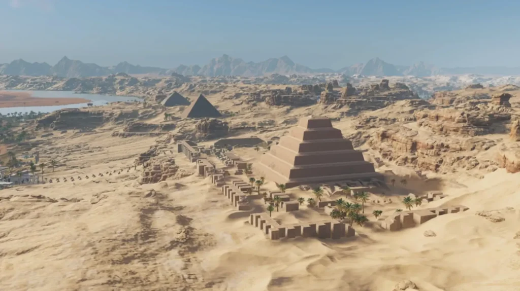 Letecký pohled na pyramidy a pouštní krajinu starověkého Egypta, včetně stupňovité pyramidy a pozůstatků městského života – skutečný svět za tajemstvím egyptské civilizace.