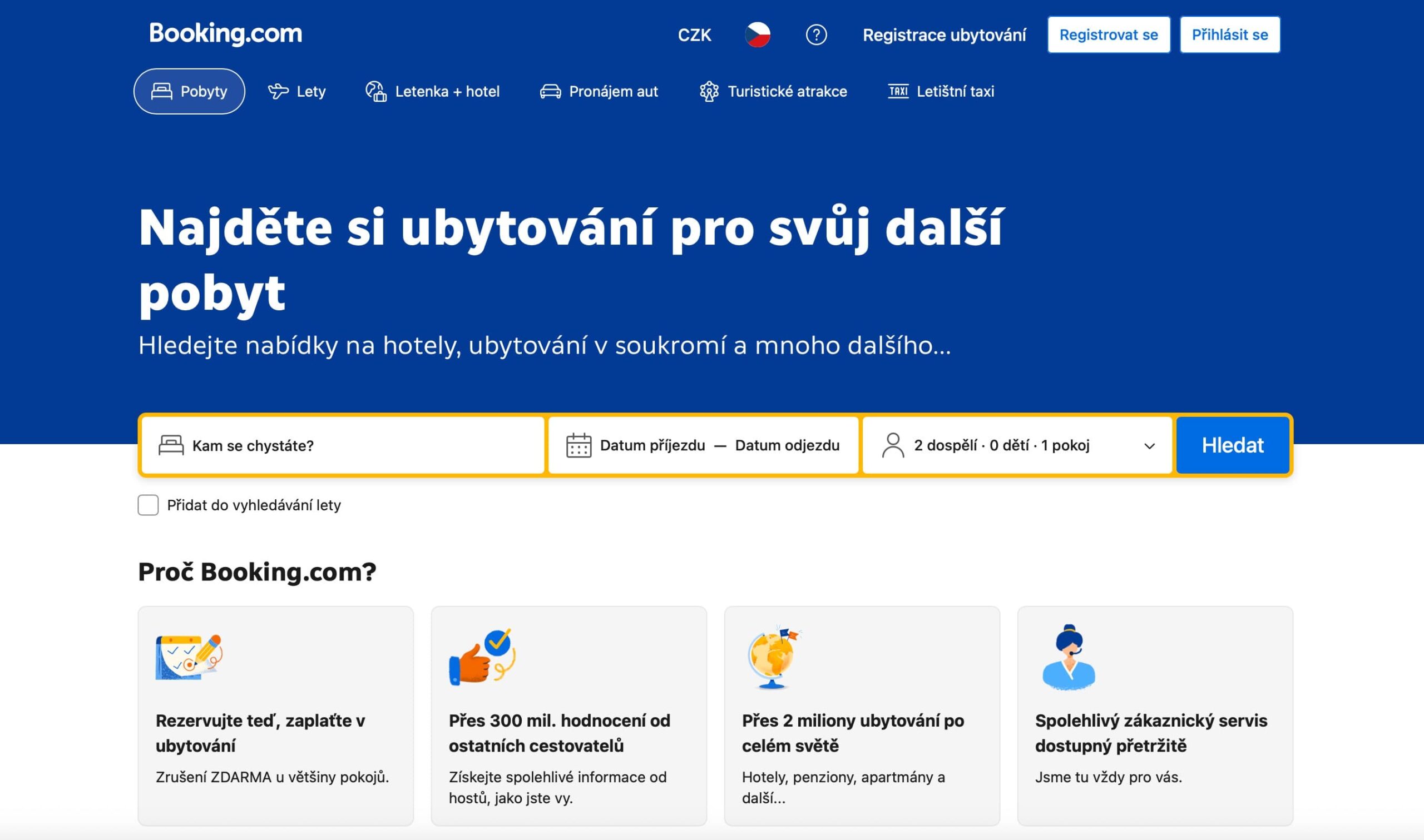 Hlavní stránka Booking.com – vyhledávání hotelů, soukromých ubytování a pobytů po celém světě