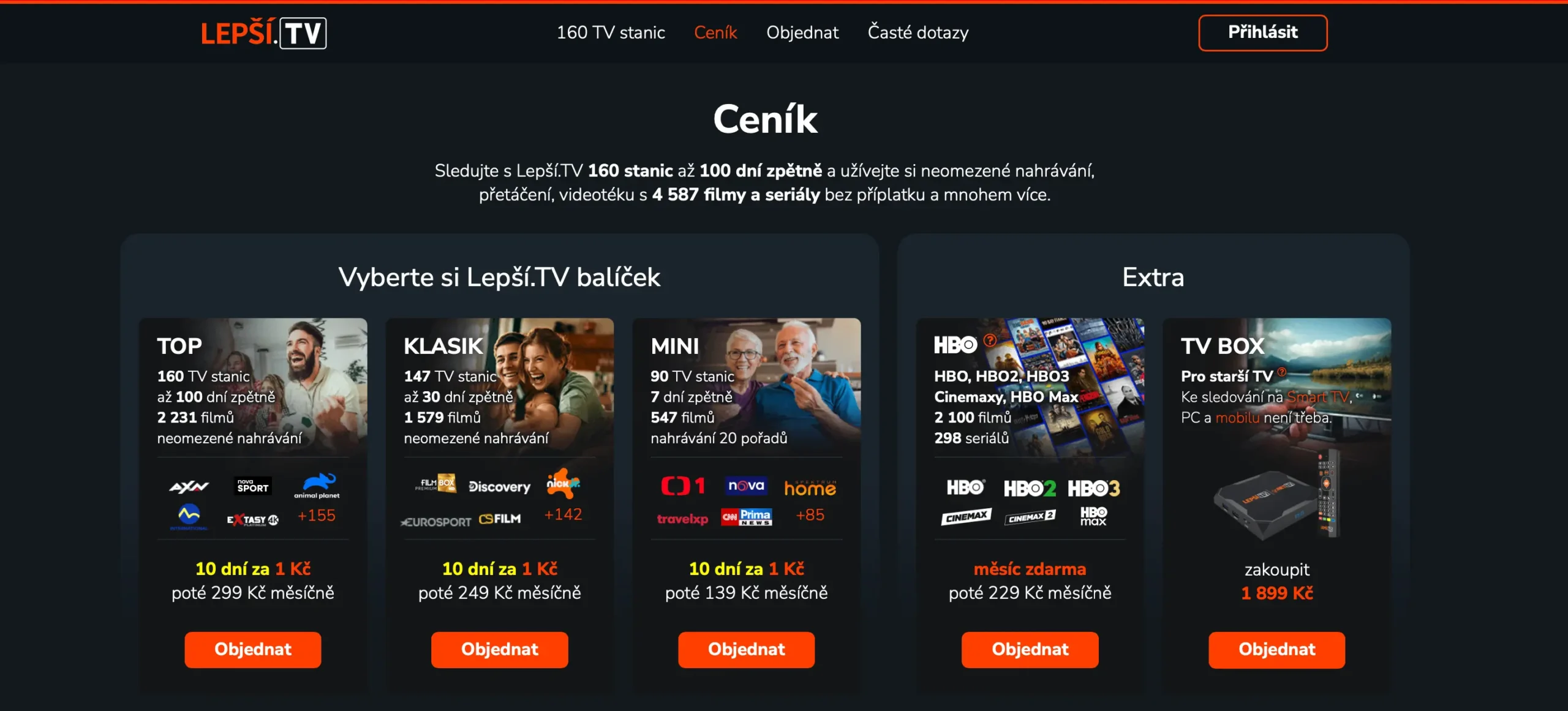 Ceník Lepší.TV – nabídka balíčků MINI, KLASIK a TOP s až 160 TV stanicemi, zpětným zhlédnutím, neomezeným nahráváním a možností rozšíření o HBO a TV BOX.