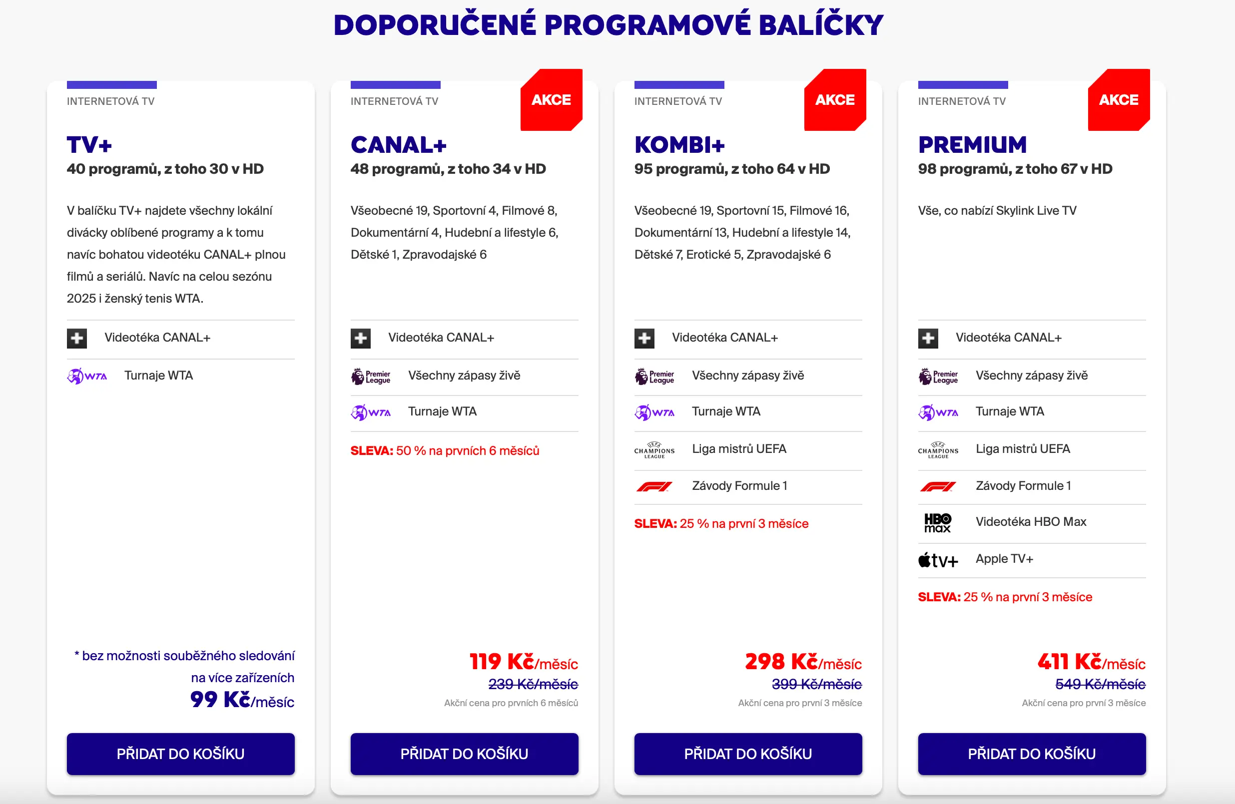 Ceník internetové televize Skylink Live TV – balíčky TV+, CANAL+, KOMBI+ a PREMIUM s přehledem kanálů, videoték a sportovních soutěží jako Premier League, Liga mistrů a Formule 1.