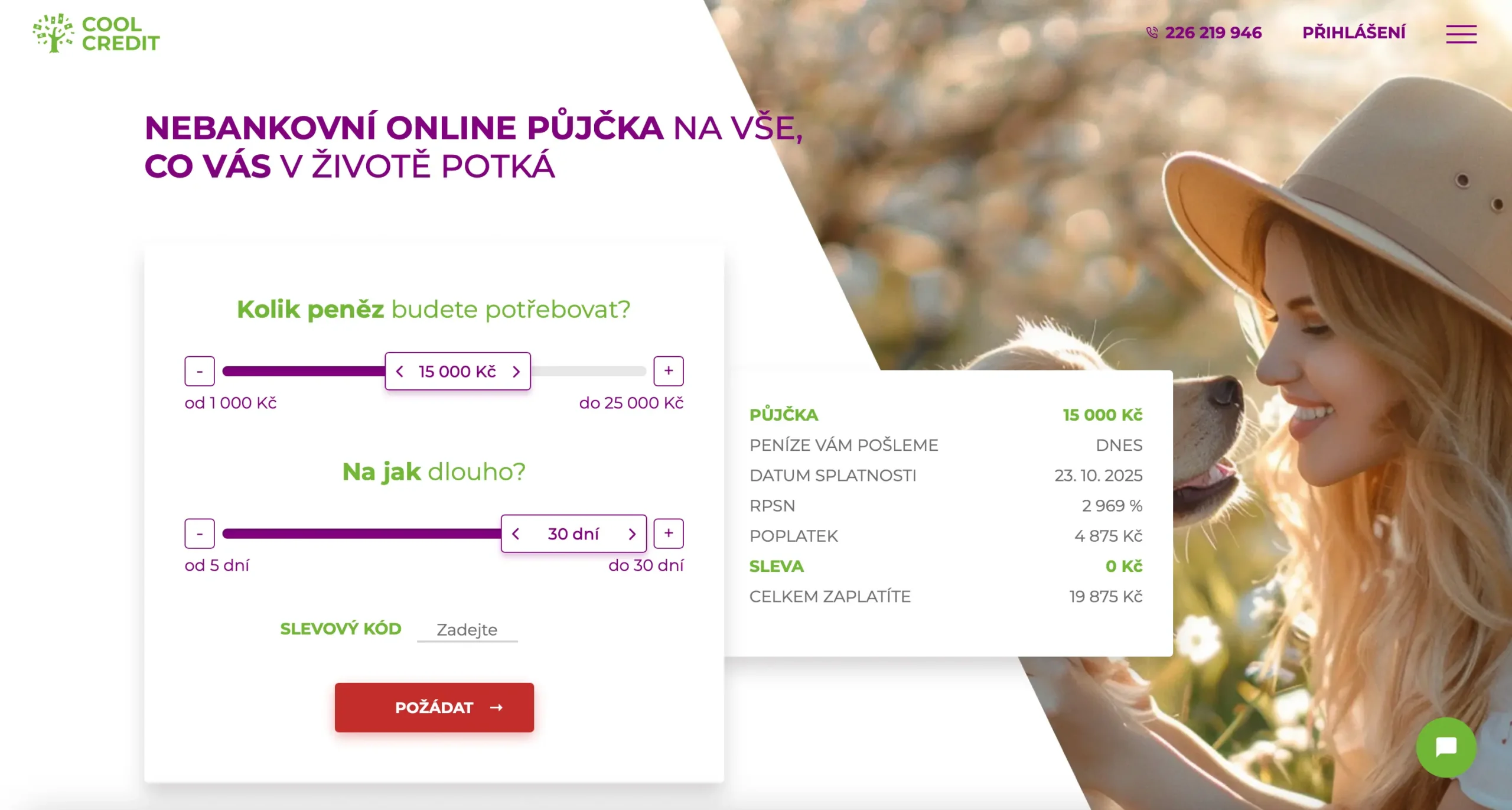 Online kalkulačka půjčky Cool Credit s nastavenou částkou 15 000 Kč na 30 dní, ukazující celkovou splatnost 19 875 Kč a RPSN 2 969 %.