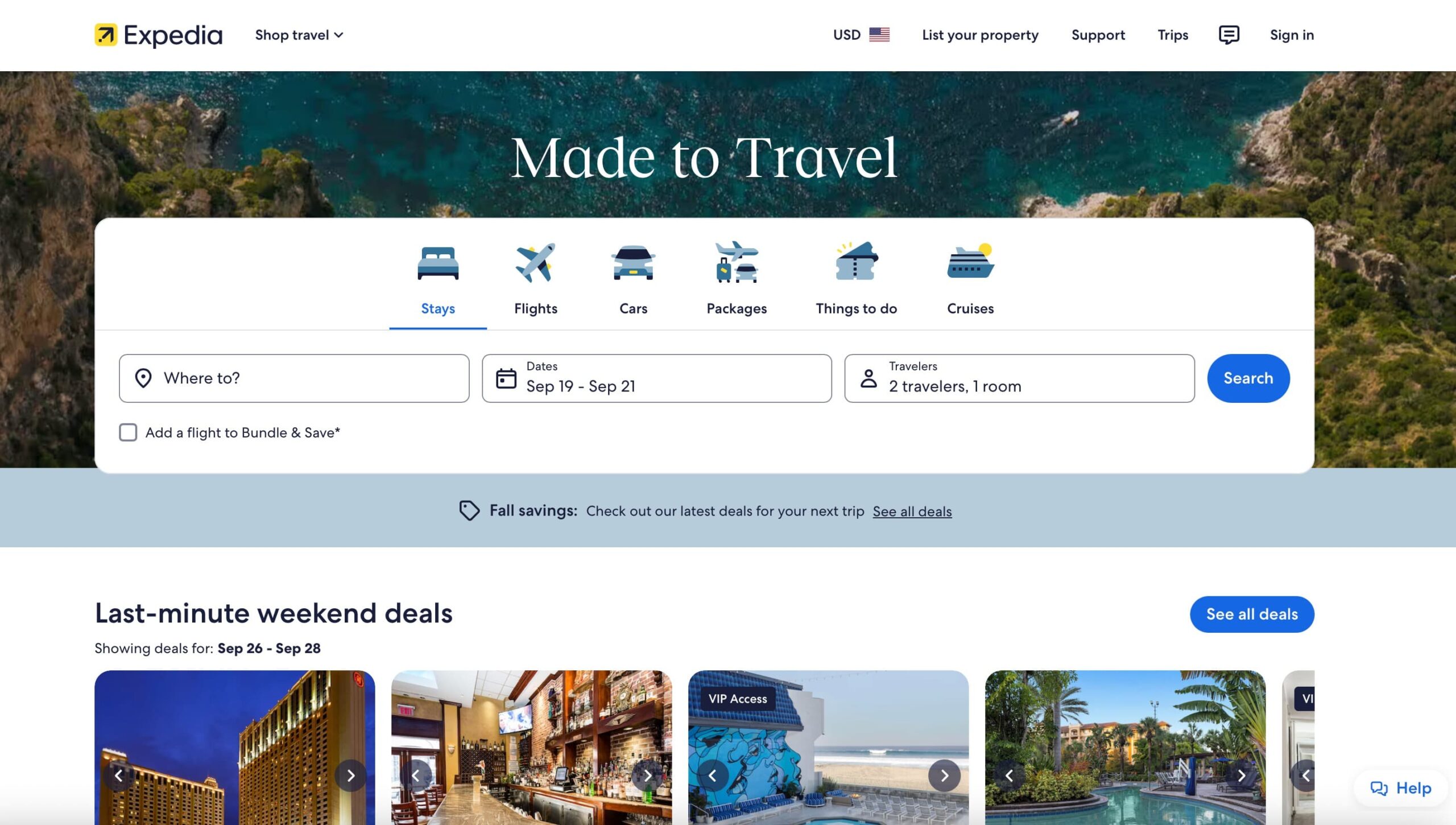 Expedia úvodní stránka – nabídky na hotely, letenky, auta a dovolené v balíčku