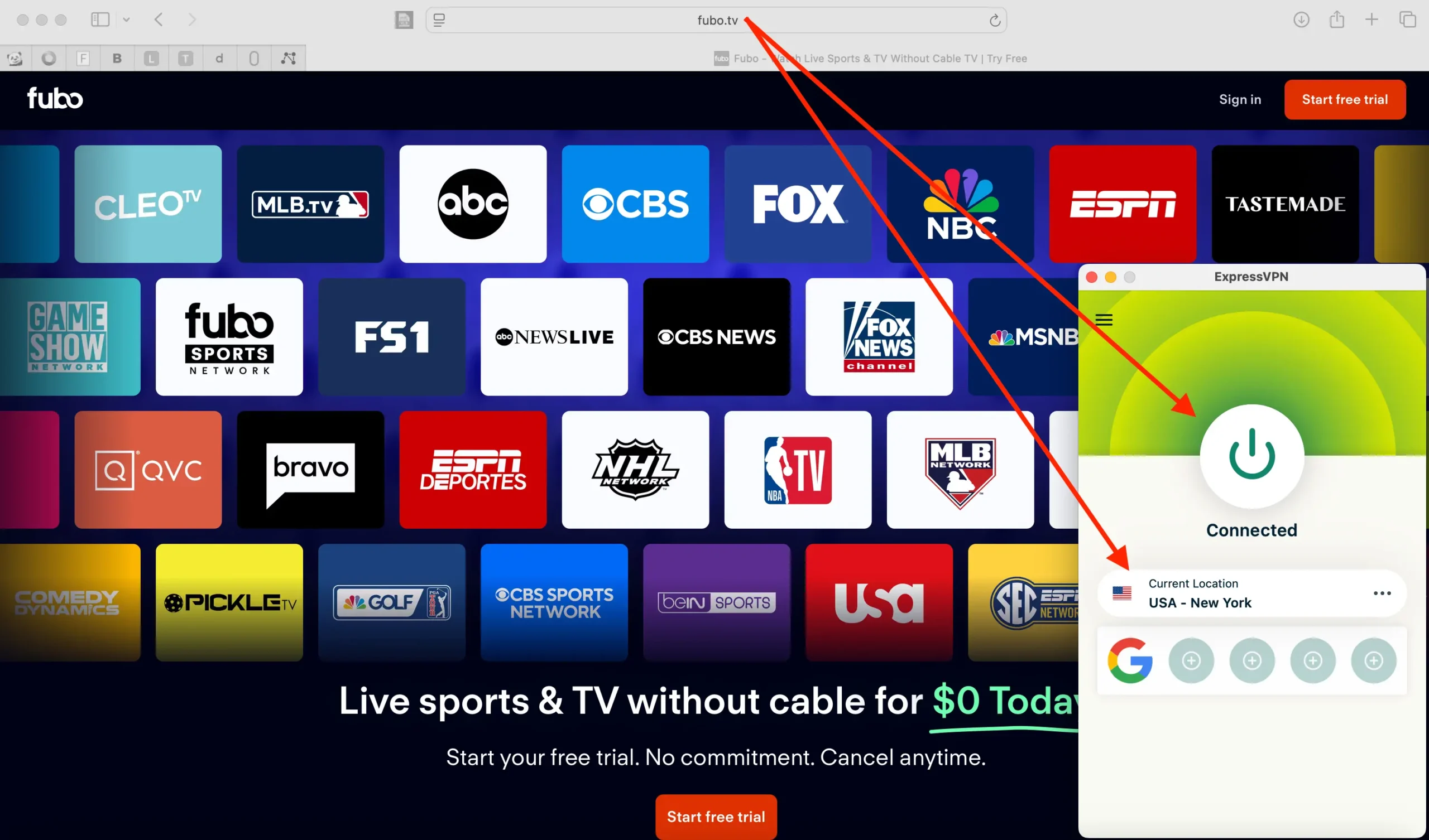 Domovská stránka Fubo.TV zobrazující nabídku amerických sportovních kanálů včetně ESPN, NBC a FOX, s aktivním připojením přes ExpressVPN k serveru v New Yorku – ideální řešení pro sledování zablokovaného obsahu mimo USA.