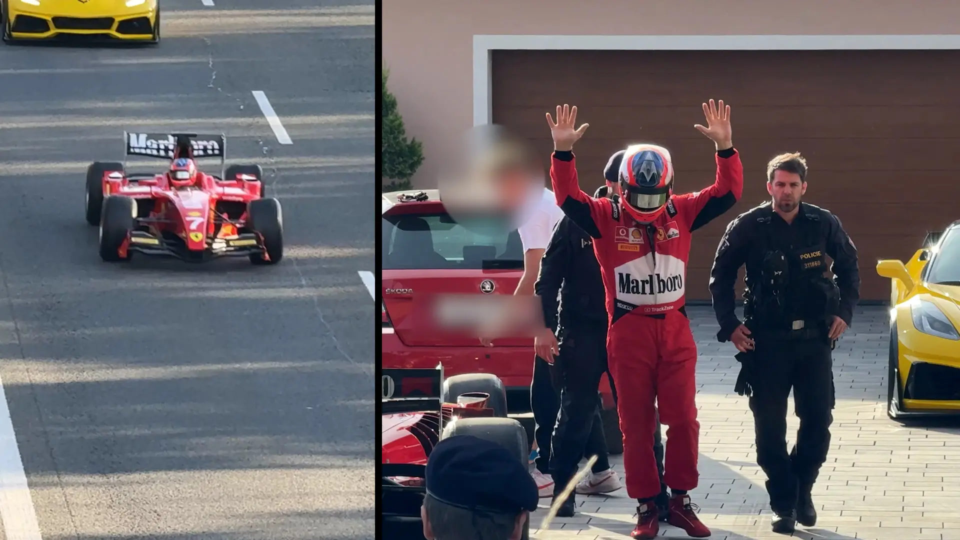 Záběr z české dálnice D4, kde se tajemný řidič ve formuli Ferrari převlečený za F1 pilota pohybuje v běžném provozu a je následně zadržen policií.
