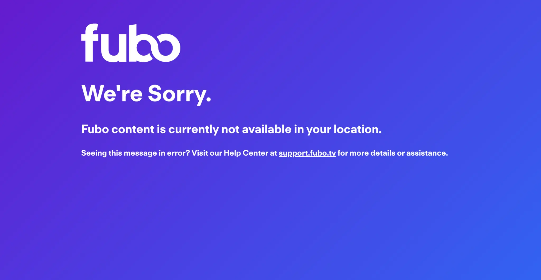 Obrazovka s geoblokační hláškou služby FuboTV – „Fubo content is currently not available in your location“, zobrazující se při pokusu o přístup ze zemí mimo podporovanou oblast (např. Česká republika).