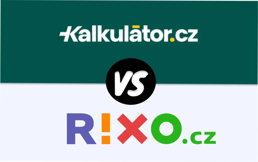 Logo Kalkulator.cz versus logo RIXO.cz – grafické znázornění srovnání dvou českých online srovnávačů finančních služeb, pojištění a energií.