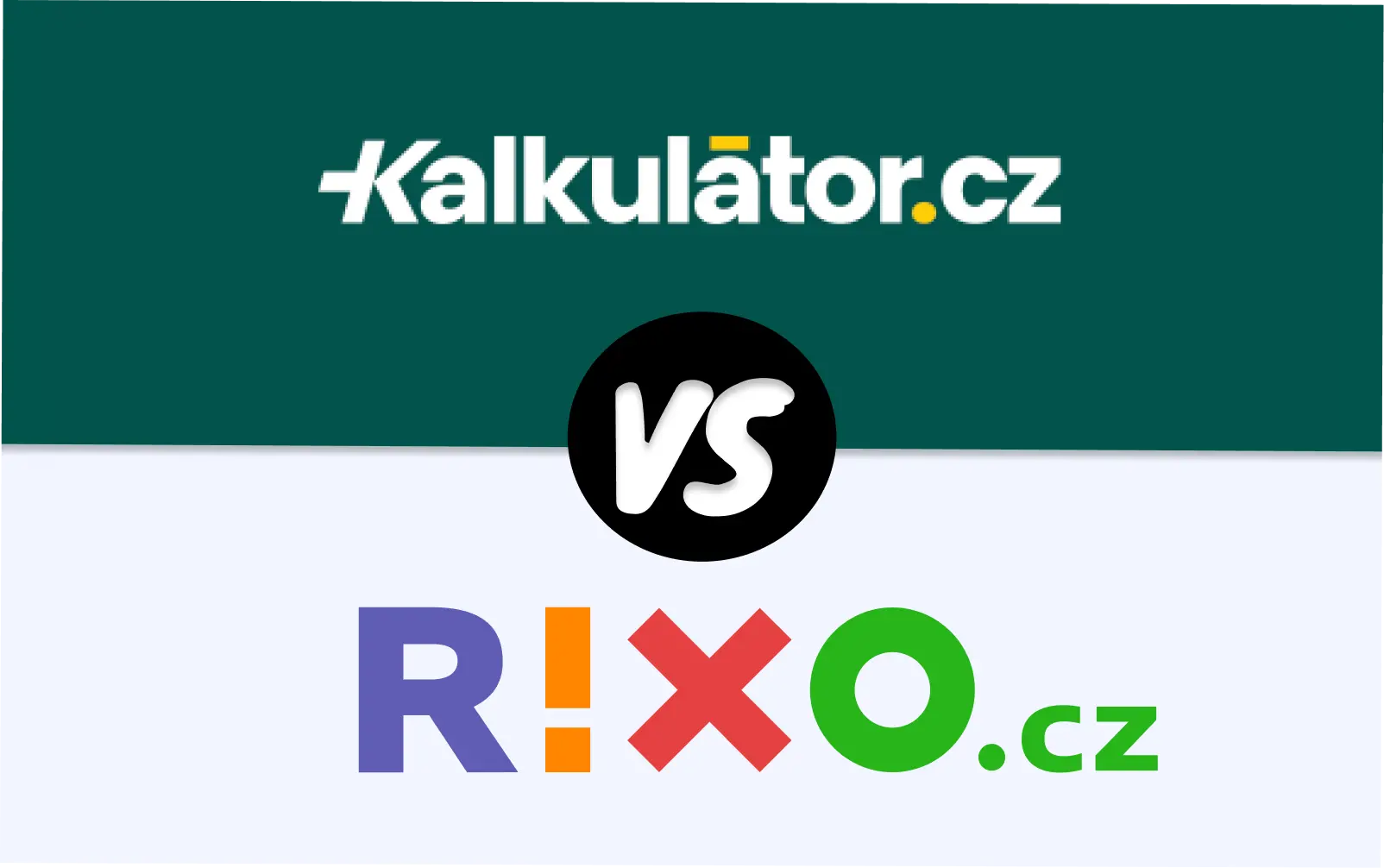 Logo Kalkulator.cz versus logo RIXO.cz – grafické znázornění srovnání dvou českých online srovnávačů finančních služeb, pojištění a energií.