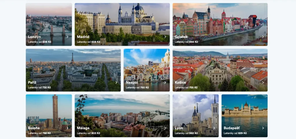 Nabídka levných letenek z Česka do evropských měst jako Londýn, Madrid, Gdaňsk, Paříž, Neapol, Košice, Bologna, Málaga, Lyon a Budapešť s cenami od 608 Kč. Srovnání destinací na přehledném obrázku z letenkového portálu Kiwi