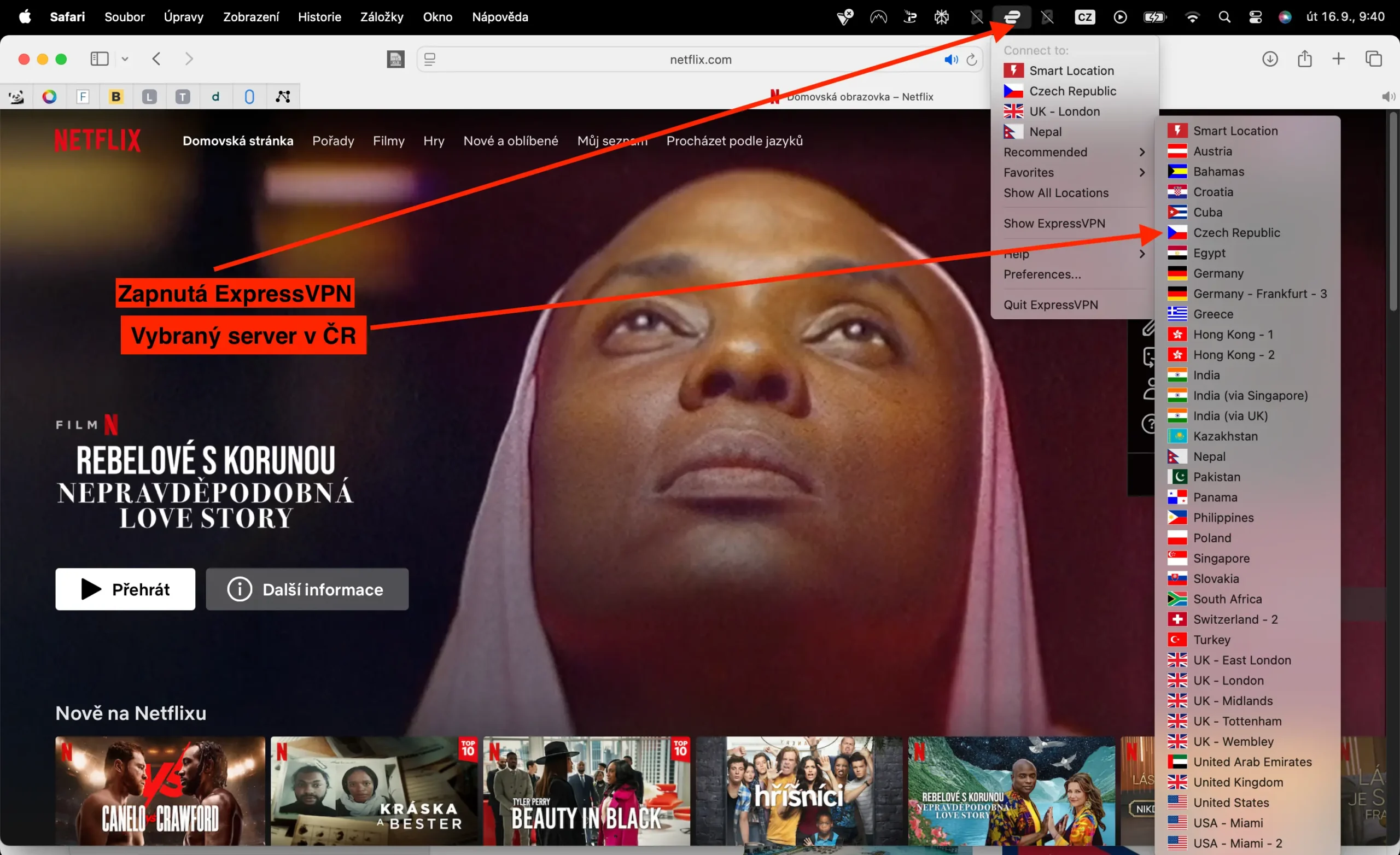 Snímek obrazovky ukazuje, jak funguje Netflix při zapnuté VPN – v tomto případě je aktivní ExpressVPN s vybraným českým serverem, takže Netflix nabízí český obsah včetně dabingu.