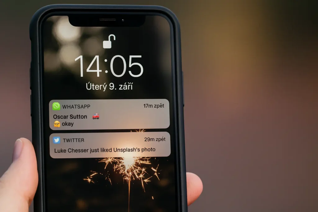 Detailní fotografie moderního chytrého telefonu v ruce, na displeji je česká notifikace z WhatsAppu a Twitteru, čas 14:05 a datum úterý 9. září, pozadí tvoří rozmazané světlo prskavky.