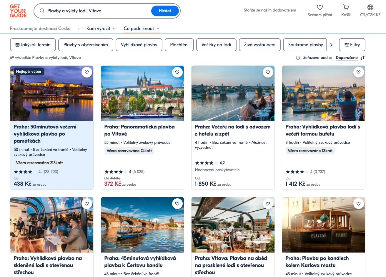 Nabídka plaveb a výletů lodí po Vltavě v Praze na portálu GetYourGuide – večerní vyhlídkové plavby, panoramatické projížďky, večeře na lodi i tematické zážitky s výhledem na Karlův most a Pražský hrad.