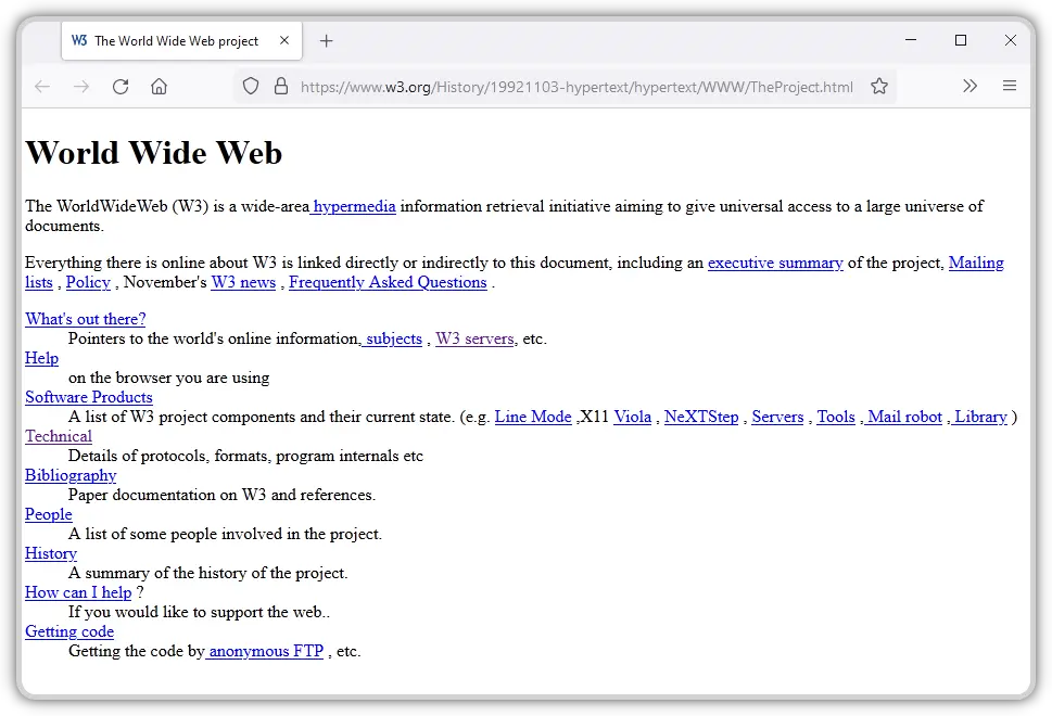 Snímek první webové stránky projektu World Wide Web z počátku 90. let – jednoduchá textová stránka s odkazy a popisem cílů W3, symbol zrodu moderního internetu.
