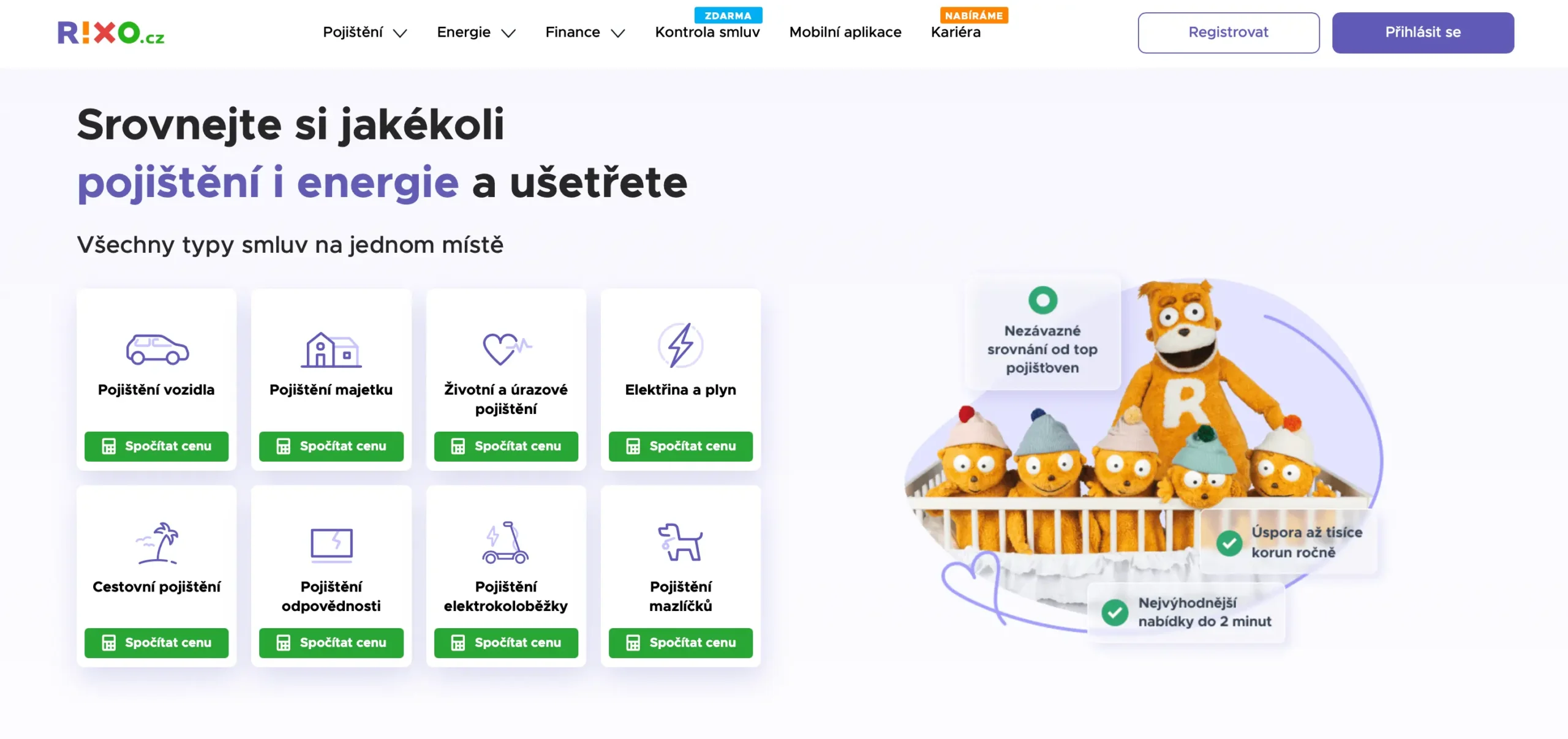 Domovská stránka RIXO.cz – digitální srovnávač pojištění a energií s možností výpočtu ceny pro různé typy smluv, maskot RIXO s plyšáky.