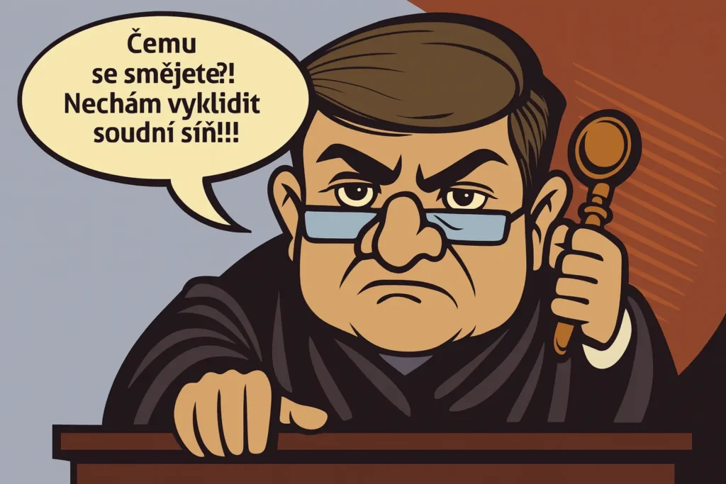Karikatura přísného soudce s brýlemi a zvednutým kladívkem, který varuje publikum větou „Čemu se smějete?! Nechám vyklidit soudní síň!!!“