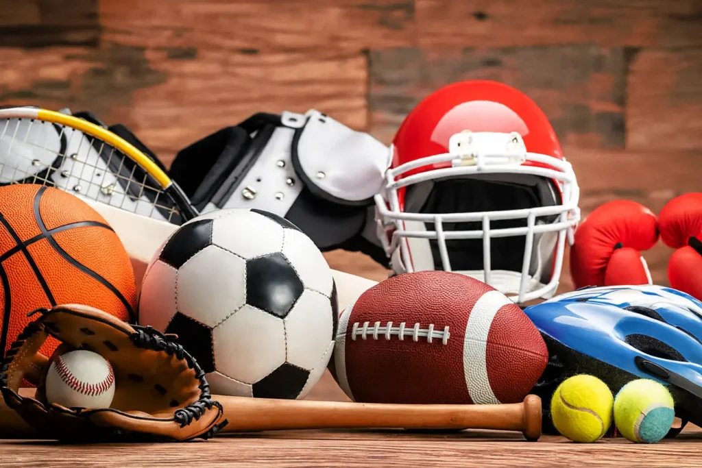 Hromada sportovního vybavení pohromadě – basketbalový míč, fotbal, ragbyový míč, tenisové míčky, baseballová rukavice, helma a boxerské rukavice položené na dřevěném podkladu.