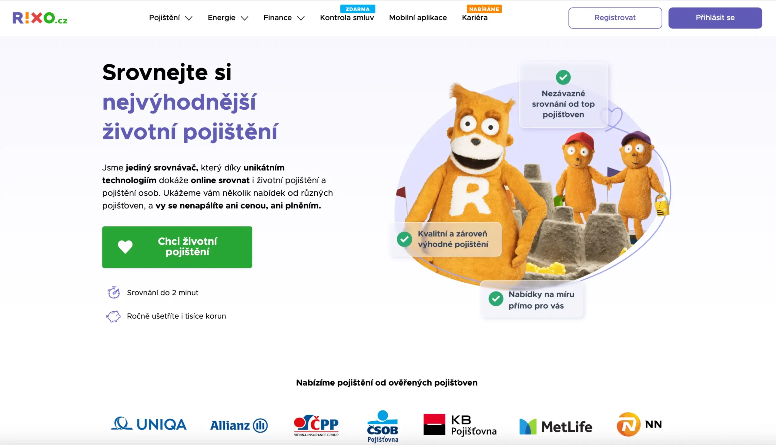 Ilustrace z webu RIXO.cz znázorňující možnost srovnání životního pojištění online – maskot RIXO v oranžové barvě a nabídka pojištění od ověřených pojišťoven jako UNIQA, Allianz, ČPP, ČSOB, KB Pojišťovna, MetLife a NN.