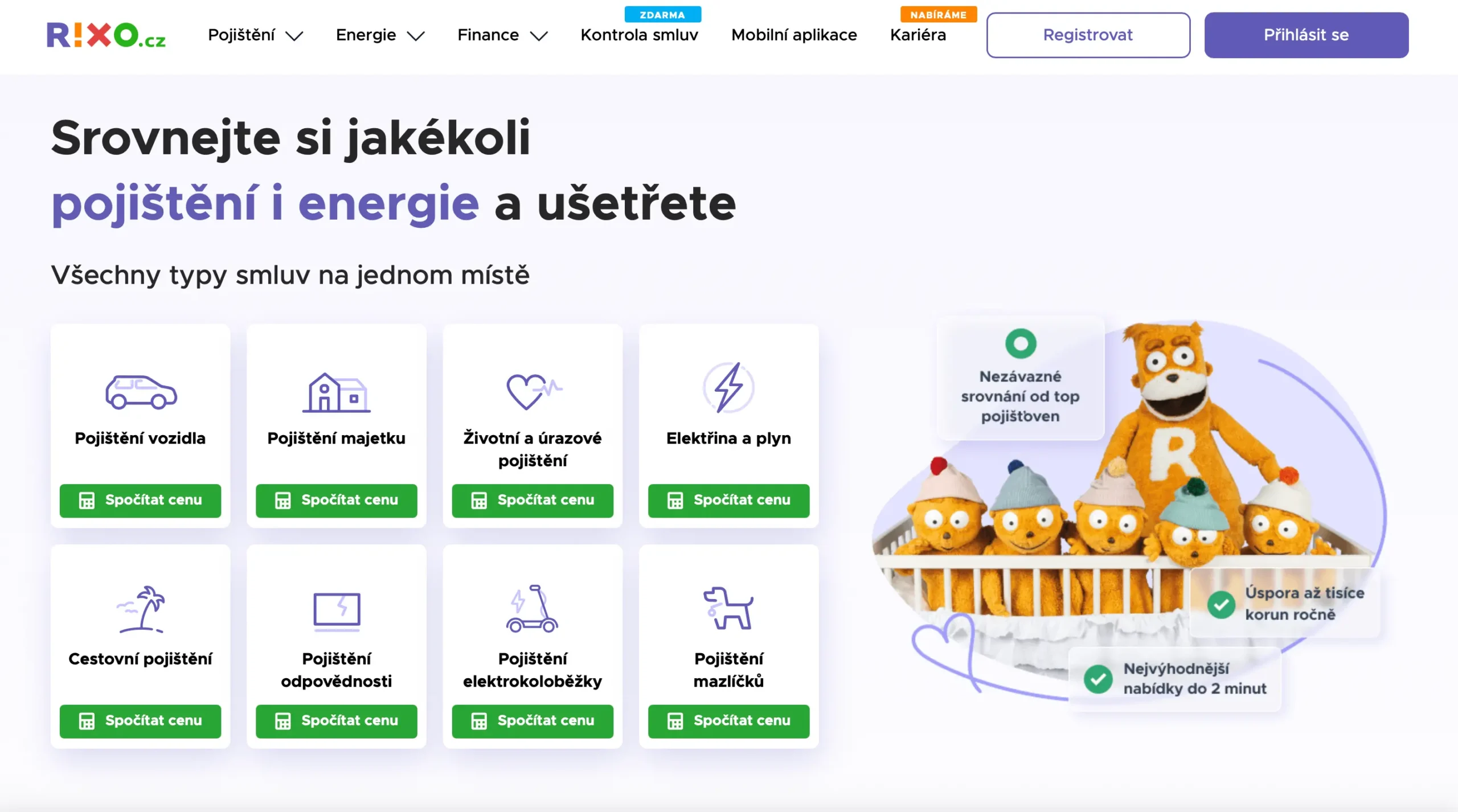 Domovská stránka RIXO.cz s oranžovým maskotem a přehledem služeb jako pojištění vozidla, majetku, mazlíčků, elektřiny a plynu. Zdůrazňuje úsporu a rychlé porovnání do 2 minut.