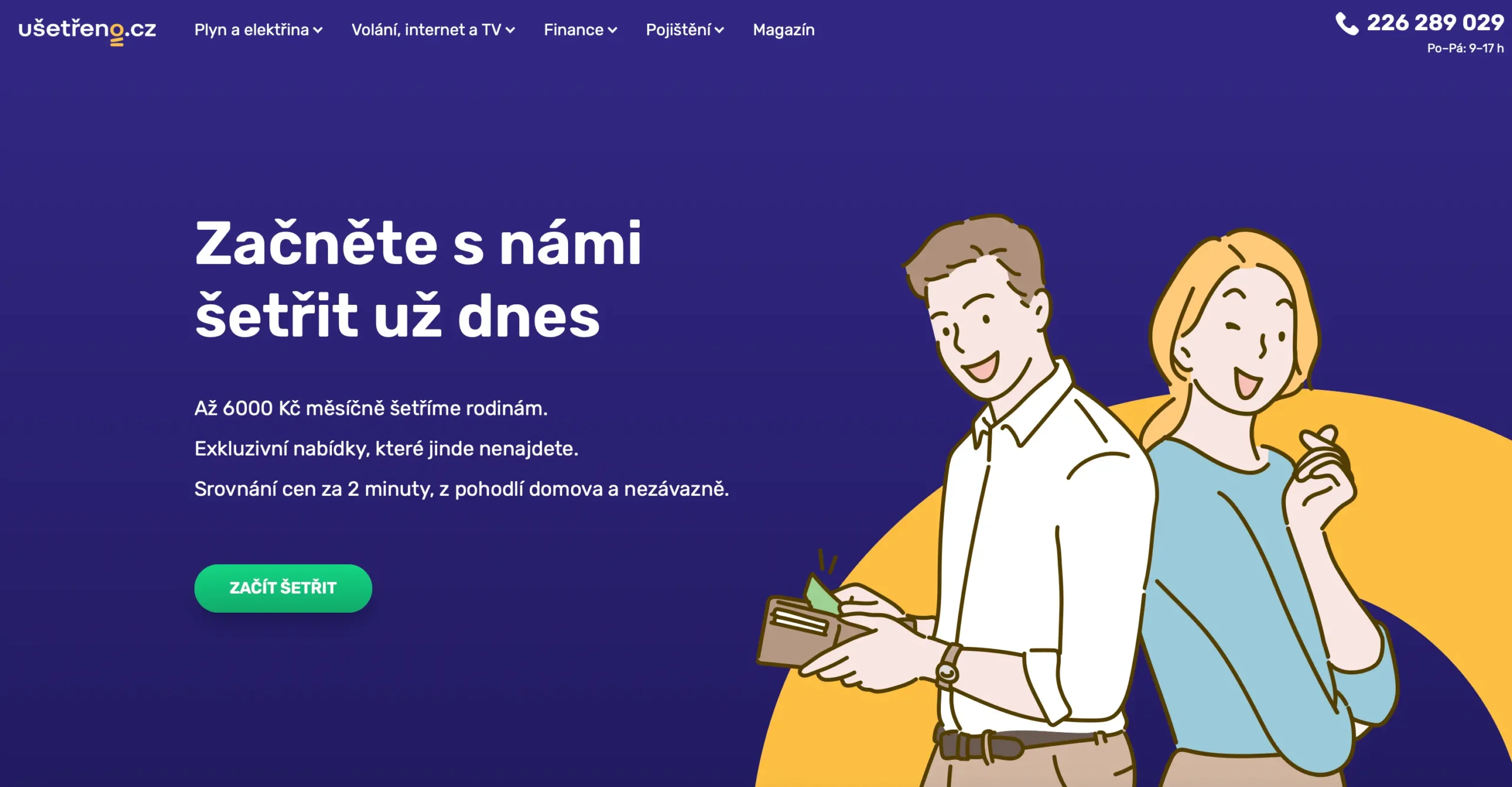 Domovská stránka Ušetřeno.cz s kreslenou dvojicí, která šetří peníze díky porovnání cen energií, pojištění a tarifů – pohodlně a nezávazně z domova.