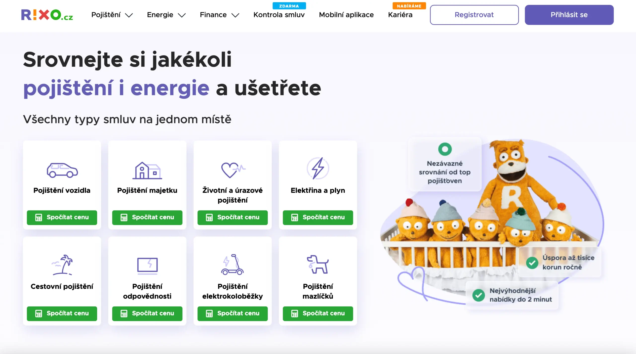 Úvodní stránka RIXO.cz s nabídkou pojištění a energií, přehledná samoobslužná srovnávací platforma s maskotem v čepici a přímým výběrem služeb.