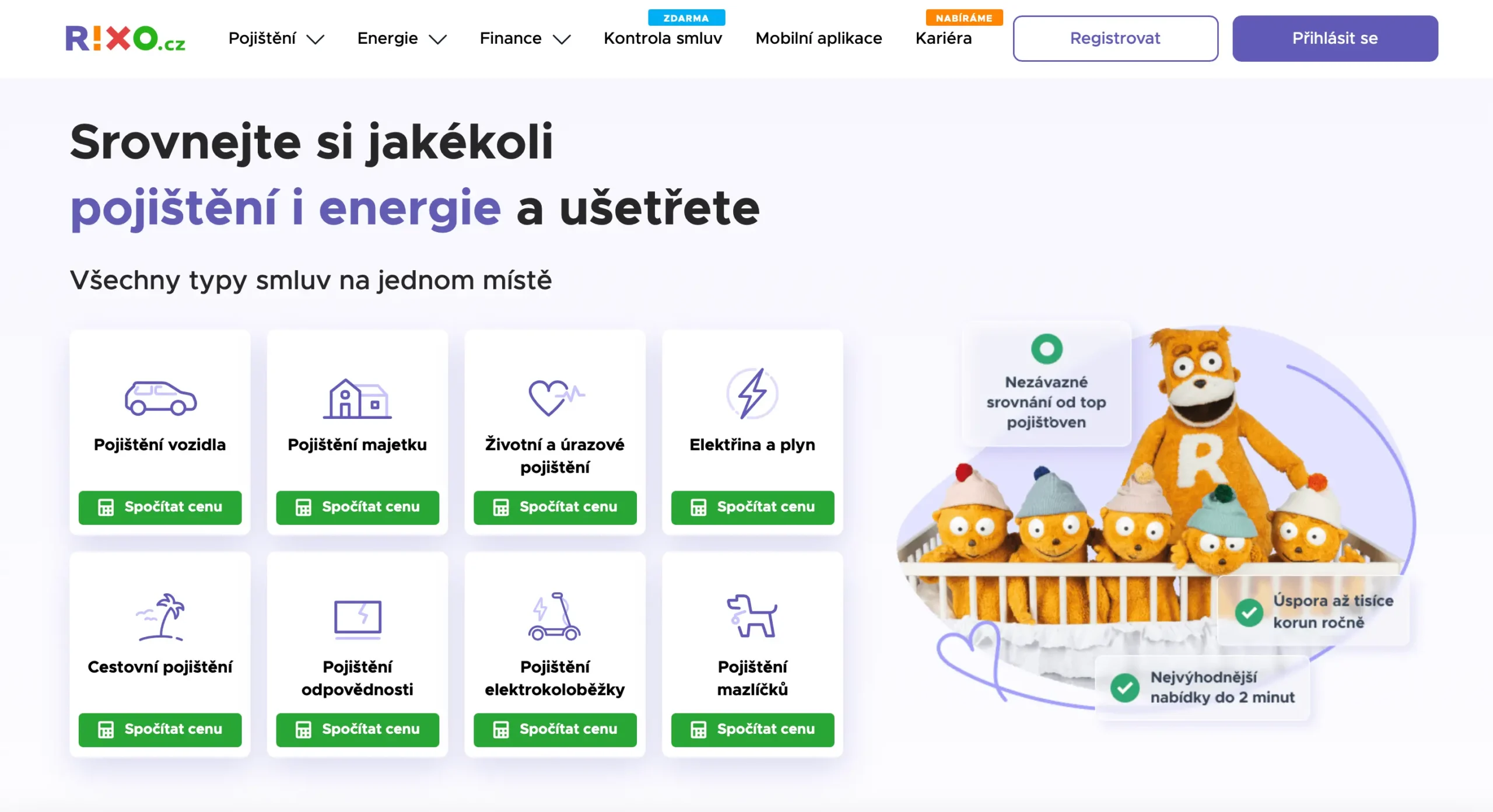 Úvodní stránka RIXO.cz s přehlednou nabídkou pojištění, energií a financí. Oranžový maskot RIXO s pěti figurkami a ikonami pro pojištění vozidla, majetku, koloběžky a mazlíčků.