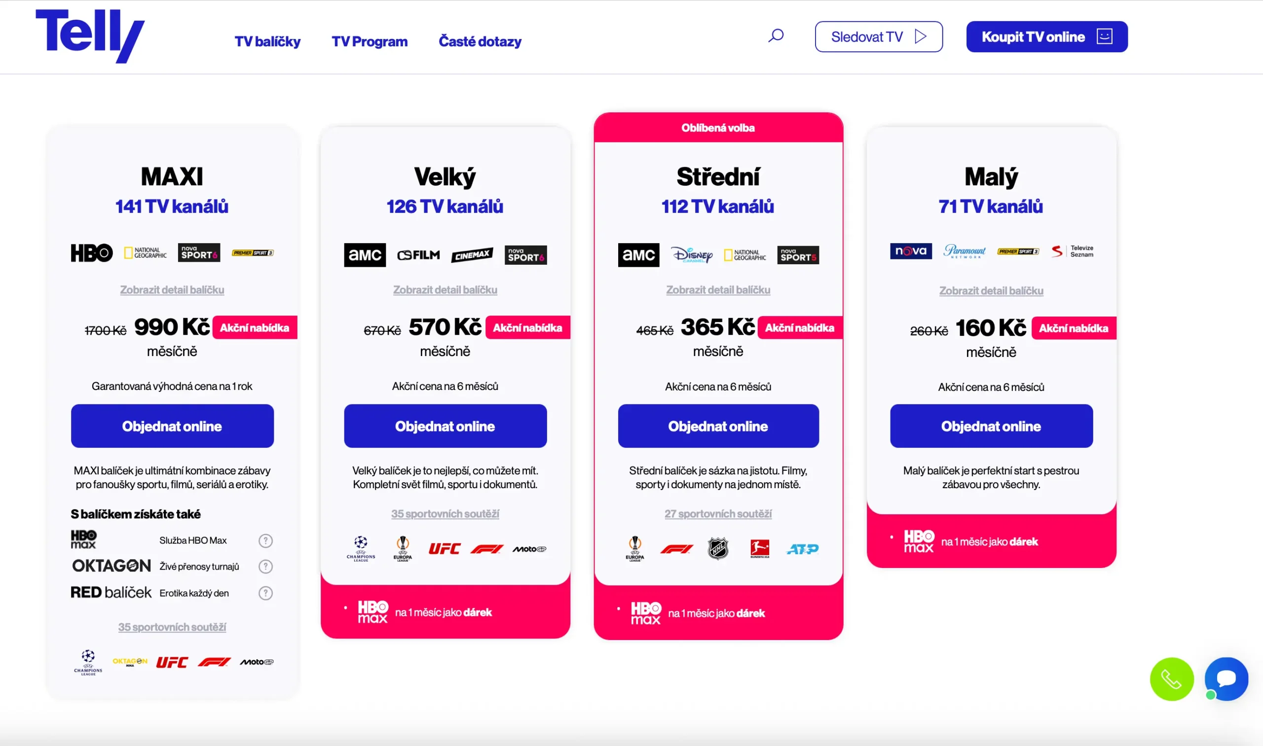 Aktuální nabídka balíčků Telly TV – tarify Malý, Střední, Velký a MAXI s uvedením počtu kanálů, akčních cen a výhod jako HBO Max nebo sportovní přenosy.