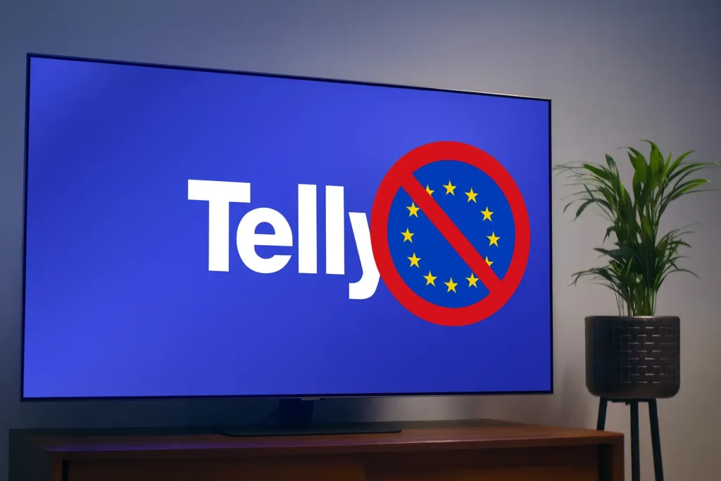 Televize s logem Telly na obrazovce a ikonou "Stop mimo EU" – ilustrační záběr ke sledování Telly v zahraničí a geografickým omezením služby.