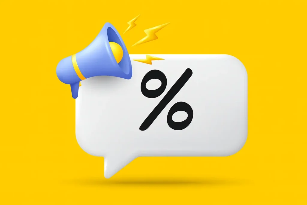 obrázek s megafonem a procentem ve žlutobílé barvě znázorňující slevy a úspory díky používání VPN při online nákupech, předplatném a streamovacích službách.