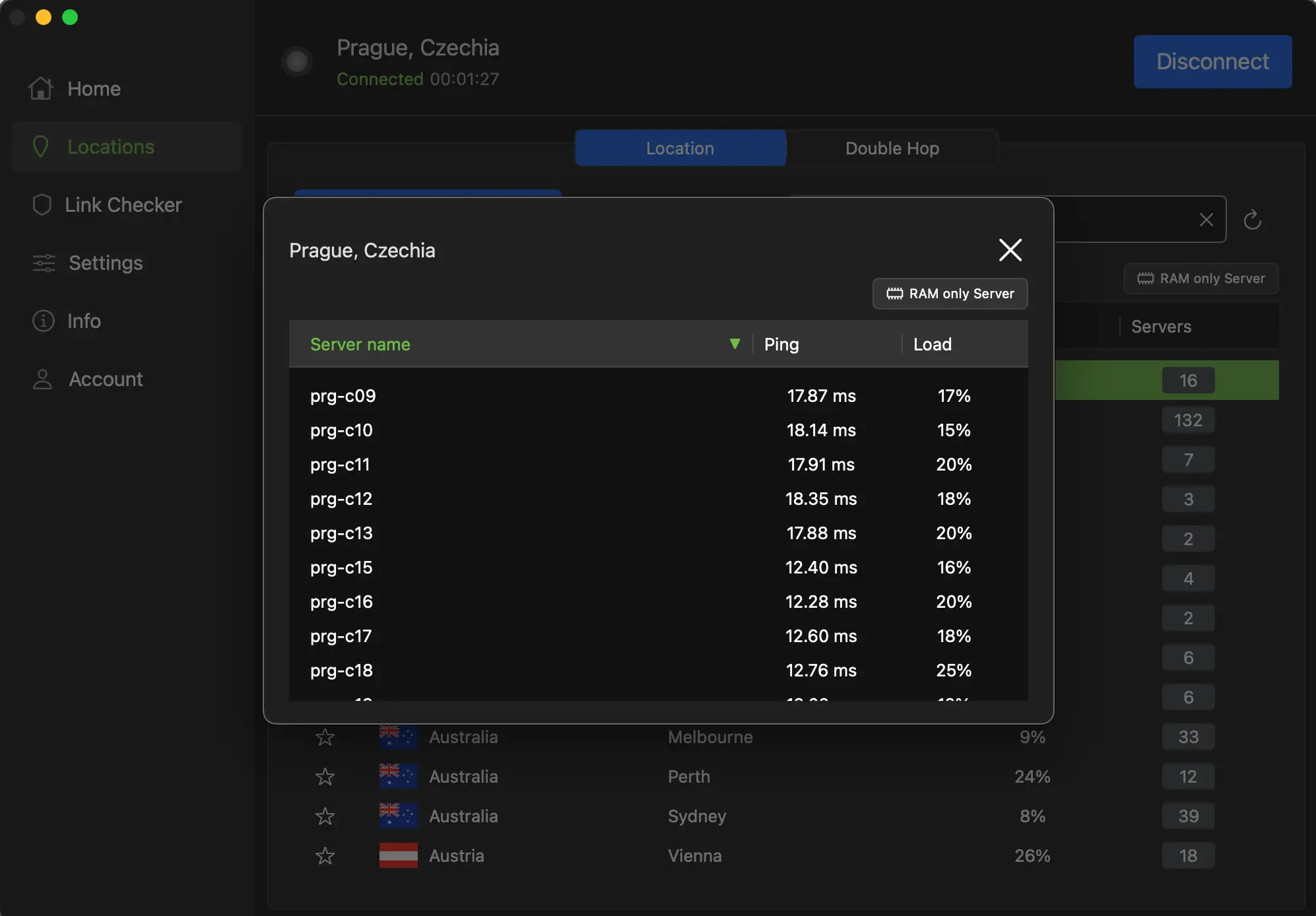 Detailní pohled na výběr jednoho z 16 dostupných VPN serverů IPVanish v České republice. Zobrazeny jsou hodnoty pingu a zatížení jednotlivých serverů v Praze.