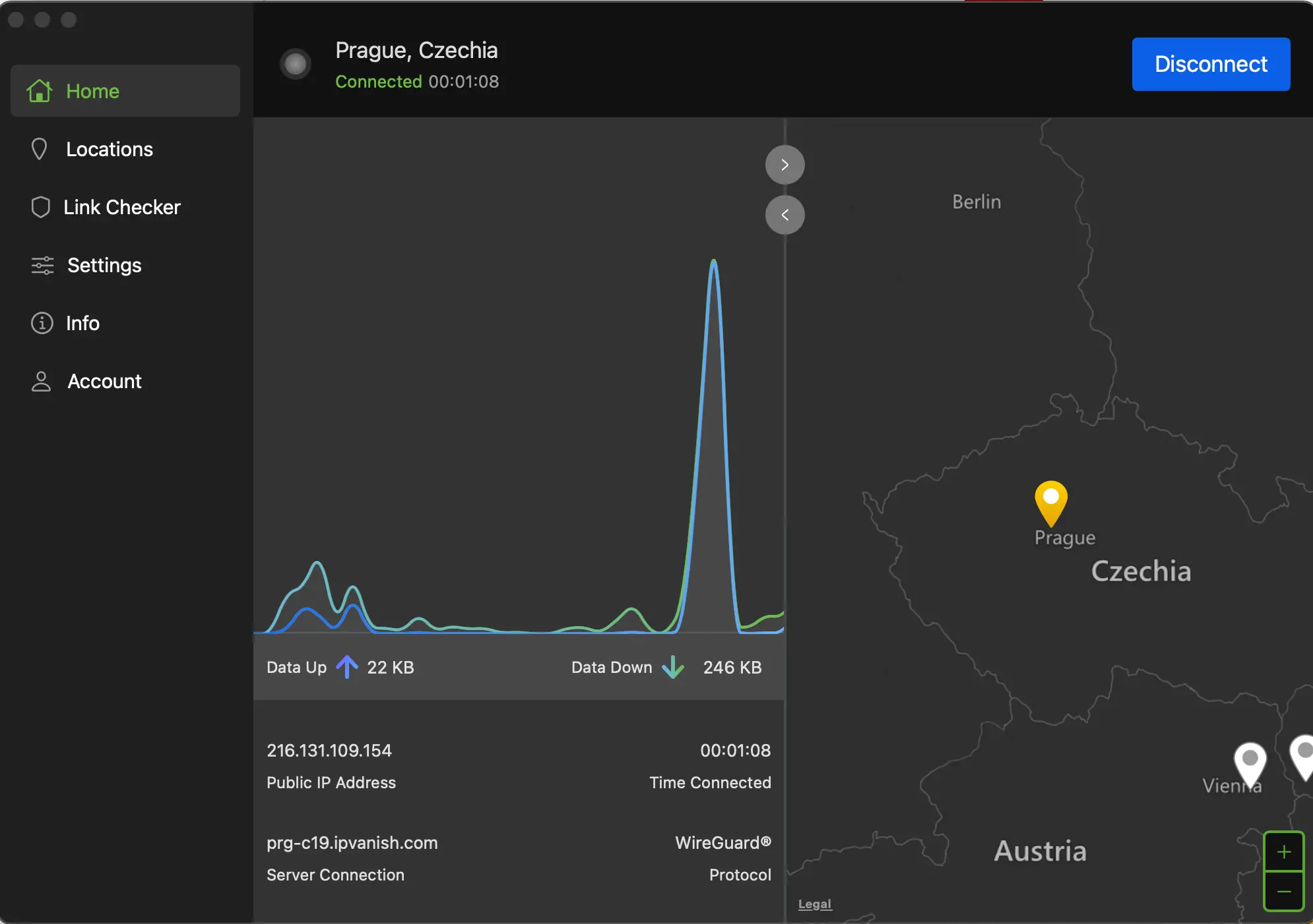 Aktivní připojení k IPVanish serveru v Praze přes protokol WireGuard. Na mapě je vidět aktuální poloha serveru, graf ukazuje tok dat v reálném čase.
